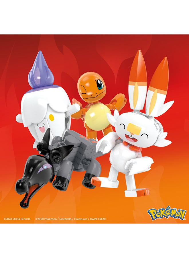 Pokémon Action Figure Building Toys, Fire-Type Trainer Team With 105 Pieces, Poseable Salandit Litwick Charmander Scorbunny, Gift Idea For Kids