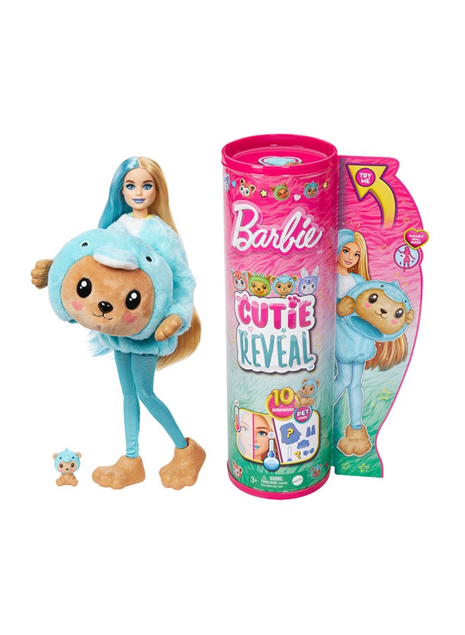 Cutie Reveal Doll & Accessories With Animal Plush Costume & 10 Surprises Including Color Change, Teddy Bear As Dolphin In Costume-Themed Series