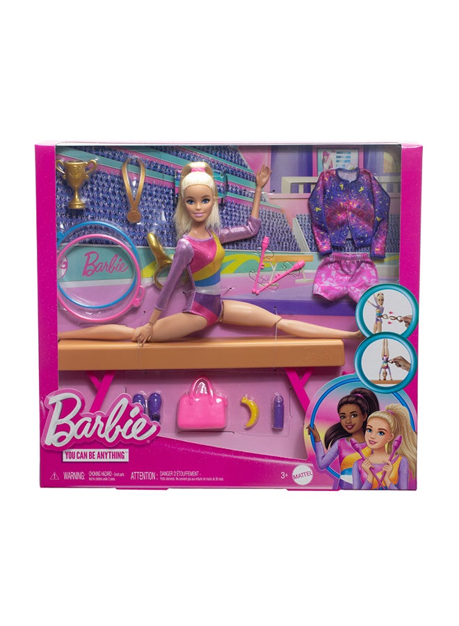 Gymnastics Doll & Accessories, Playset With Blonde Fashion Doll, C-Clip For Flipping Action, Balance Beam, Warm-Up Suit & More