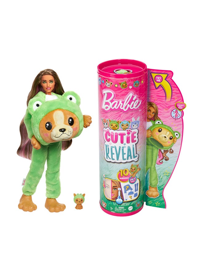 Cutie Reveal Doll & Accessories With Animal Plush Costume & 10 Surprises Including Color Change, Puppy As Frog In Costume-Themed Series