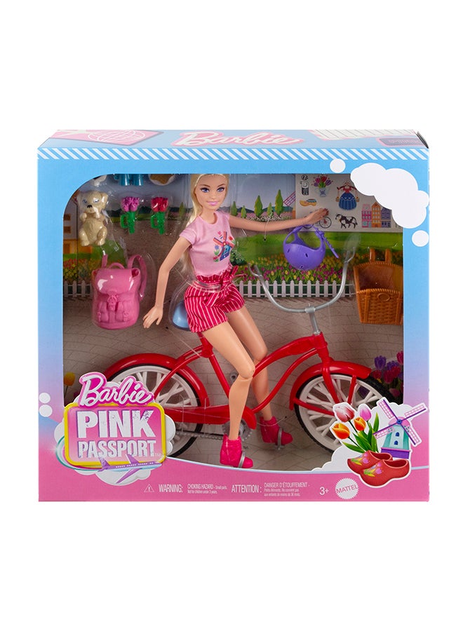 Doll Set With Bicycle, Clothes, & Accessories, Pink Passport Holland Adventures, Includes Blonde Doll & Travel Pieces