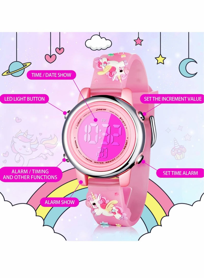 Kids Unicorn Watch and Unicorn Bracelet Kids Digital Watch 3D Waterproof Toddler 7 Color Lights Watch with Alarm Stopwatch Unicorns Kids Gifts for 3-10 Year Girls 3 Pieces