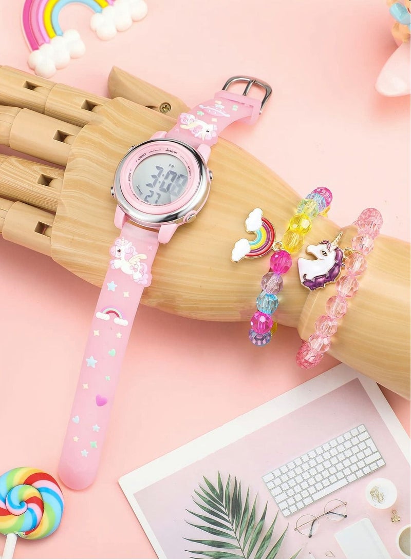 Kids Unicorn Watch and Unicorn Bracelet Kids Digital Watch 3D Waterproof Toddler 7 Color Lights Watch with Alarm Stopwatch Unicorns Kids Gifts for 3-10 Year Girls 3 Pieces