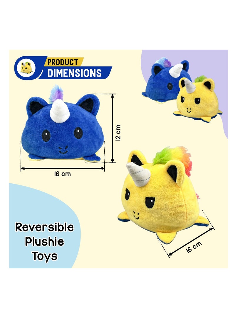 Reversible Teddy Cat Plushie Toys Mood Plush Toys Stuffed Animal Lovely Plushies Gifts for Girls, Boys and Adults (Dark Blue & Yellow)