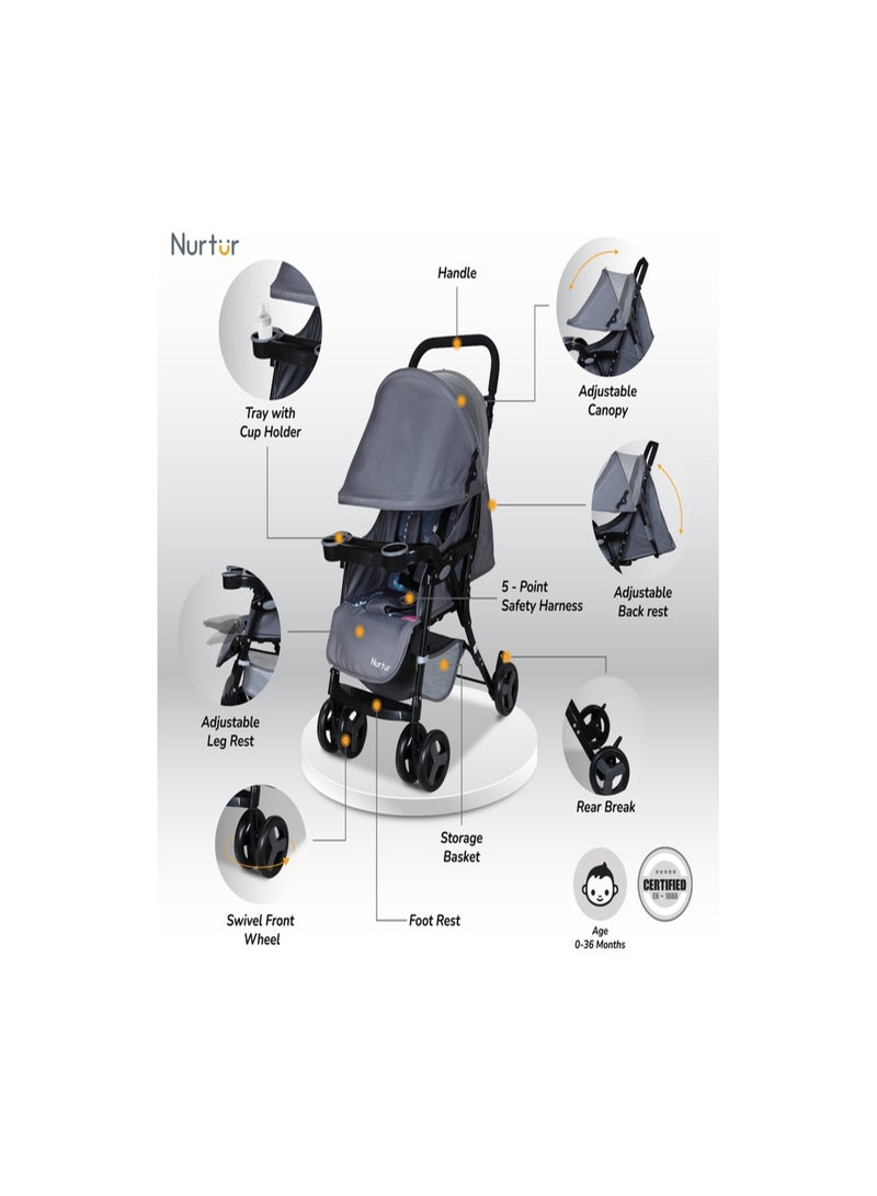 Ryder Lightweight Baby Stroller Storage Basket Detachable Food Tray 5 point harness Adjustable Canopy Adjustable Reclining Seat and Leg rest 0 to 36 months Official Nurtur Product