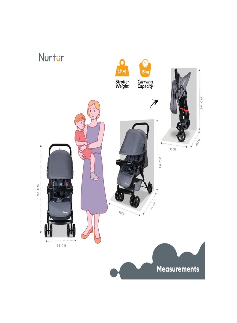 Ryder Lightweight Baby Stroller Storage Basket Detachable Food Tray 5 point harness Adjustable Canopy Adjustable Reclining Seat and Leg rest 0 to 36 months Official Nurtur Product
