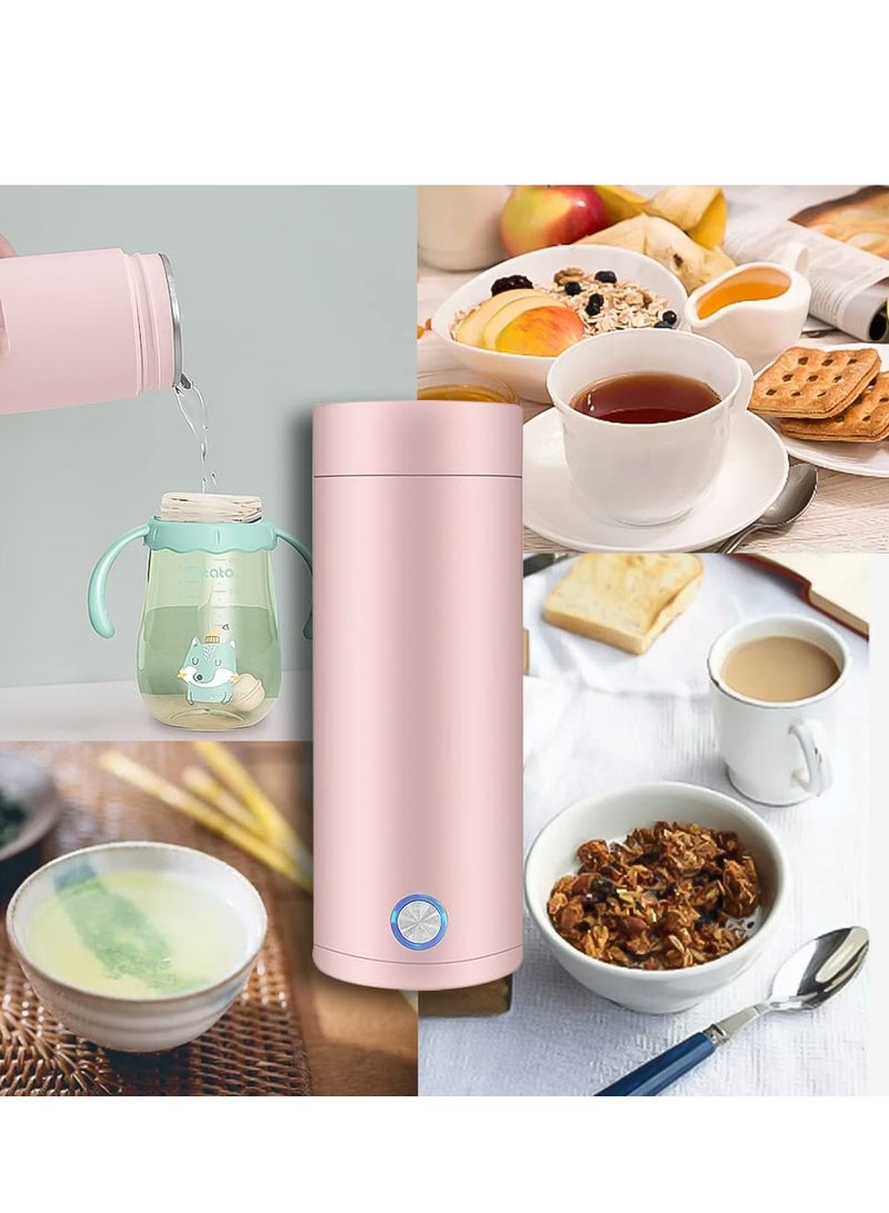 Portable Electric Kettle, 400ml Travel Tea Kettle with Non-stick Coating Double Wall Water Boiler Bottle Insulated Coffee Thermos Mug Fast Boil and Auto Shut Off Hot Water Heater (Pink)