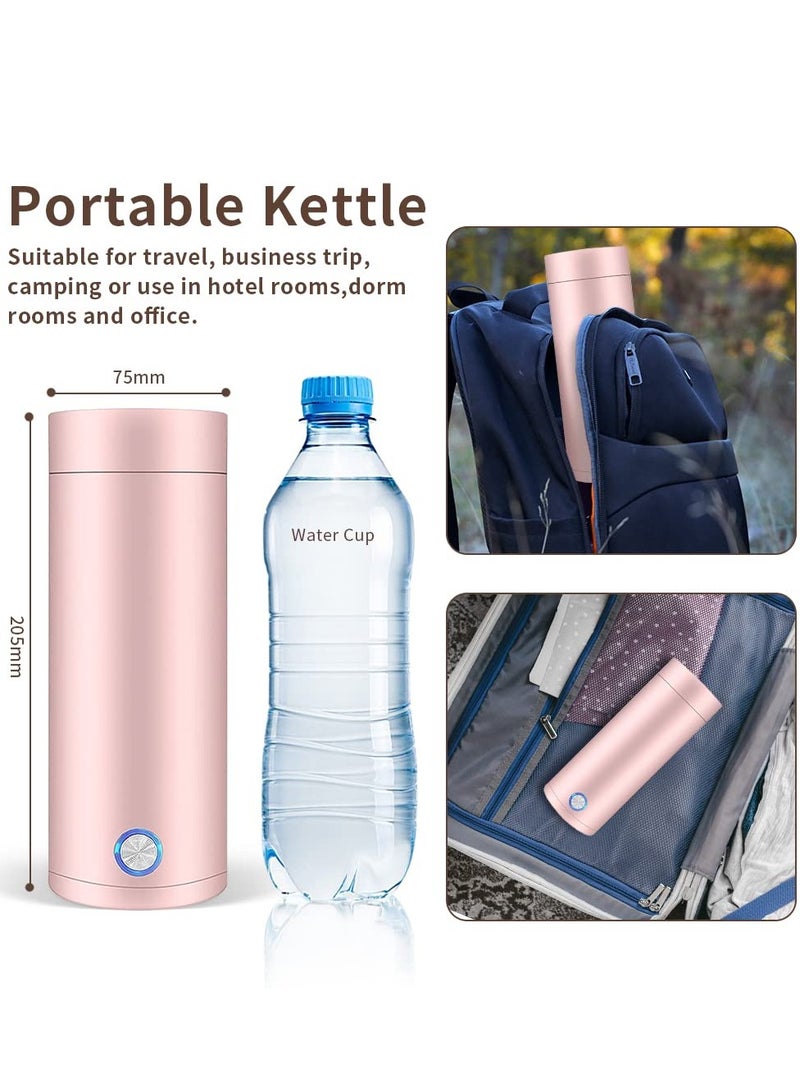 Portable Electric Kettle, 400ml Travel Tea Kettle with Non-stick Coating Double Wall Water Boiler Bottle Insulated Coffee Thermos Mug Fast Boil and Auto Shut Off Hot Water Heater (Pink)