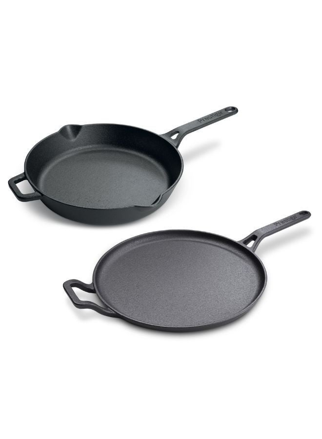 Prestige Pre-Seasoned Cast Iron Cookware Set - 28cm Flat Dosa Tawa + 26cm Fry Pan | Set Combo Offer for Kitchen | Iron Utensils for Cooking | Induction Cookware Set, Black, PR49081