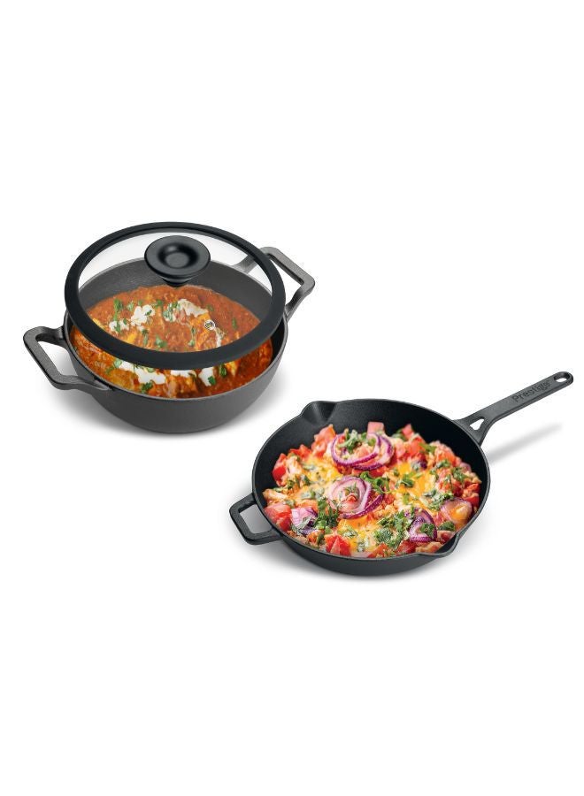 Prestige Pre-Seasoned Cast Iron Cookware Set - 24Cm Kadai W/L & 26Cm Frypan | Set Combo Offer for Kitchen | Iron Utensils for Cooking | Induction Cookware Set, Black, PR49083