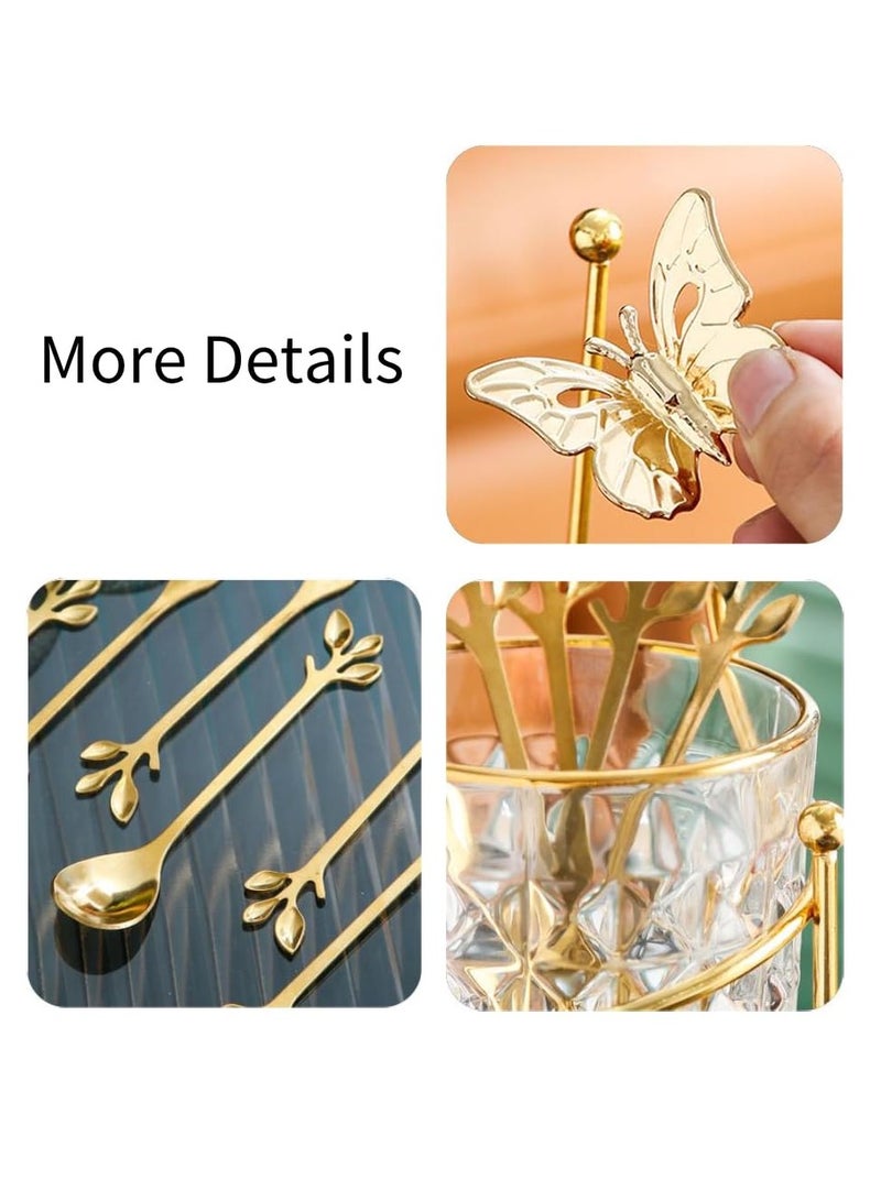 Dessert Spoons Set, 6 Pcs Coffee Spoons and Forks with Glass Holder, Stainless Steel Gold Mini Tea Spoons Set for Fruit, Stirring, Mixing, Ice Cream, Cake