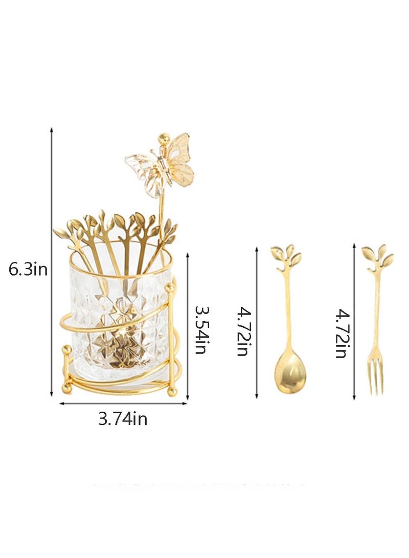 Dessert Spoons Set, 6 Pcs Coffee Spoons and Forks with Glass Holder, Stainless Steel Gold Mini Tea Spoons Set for Fruit, Stirring, Mixing, Ice Cream, Cake