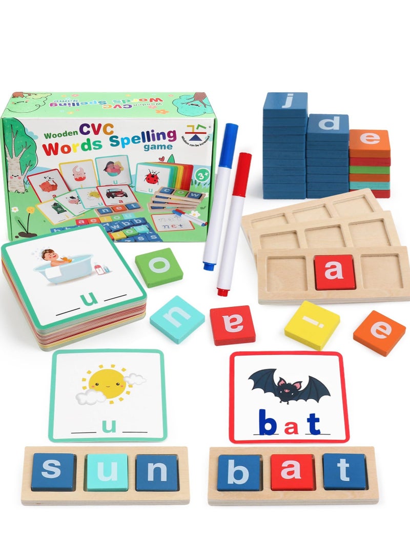 Building Block Toy, Wooden Reading Letters CVC Word Spelling Games, Montessori Educational Toy, Homeschool Classroom Phonic Games, Suitable for 3 4 5 Years Old Kids