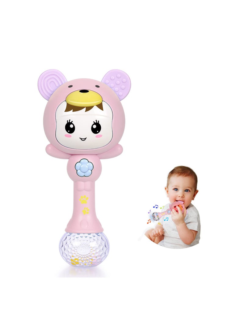 Baby Girl Toys, Light Up Musical Rattle Teether Toy for Babies Dynamic Musical Rattle With Toddlers BPA Free Infant Sensory Molar Rattle Teething Toys for Baby Girls Hand Grip Pink