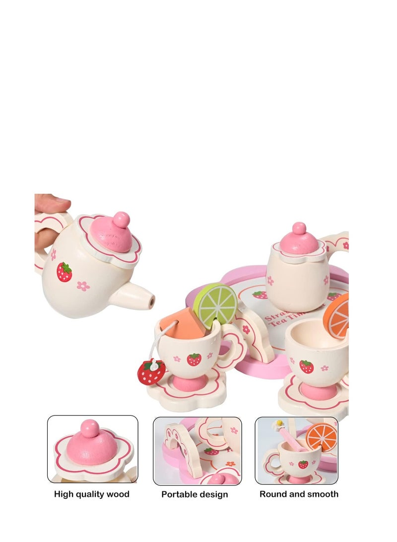 Donmills Wooden Tea Set for toddlers Pretend Play Game Toy for Girls Kids Tea set 14 Pcs Cute Wooden Play Kitchen Accessories for Children Gift for Birthday  Easter Afternoon Tea Party