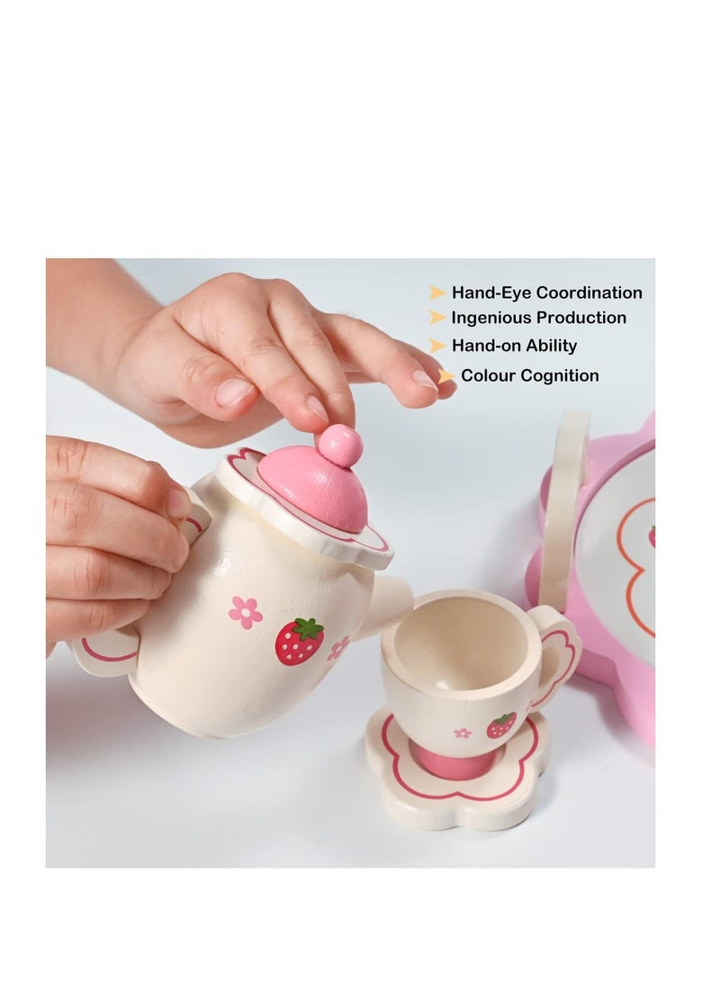 Donmills Wooden Tea Set for toddlers Pretend Play Game Toy for Girls Kids Tea set 14 Pcs Cute Wooden Play Kitchen Accessories for Children Gift for Birthday  Easter Afternoon Tea Party