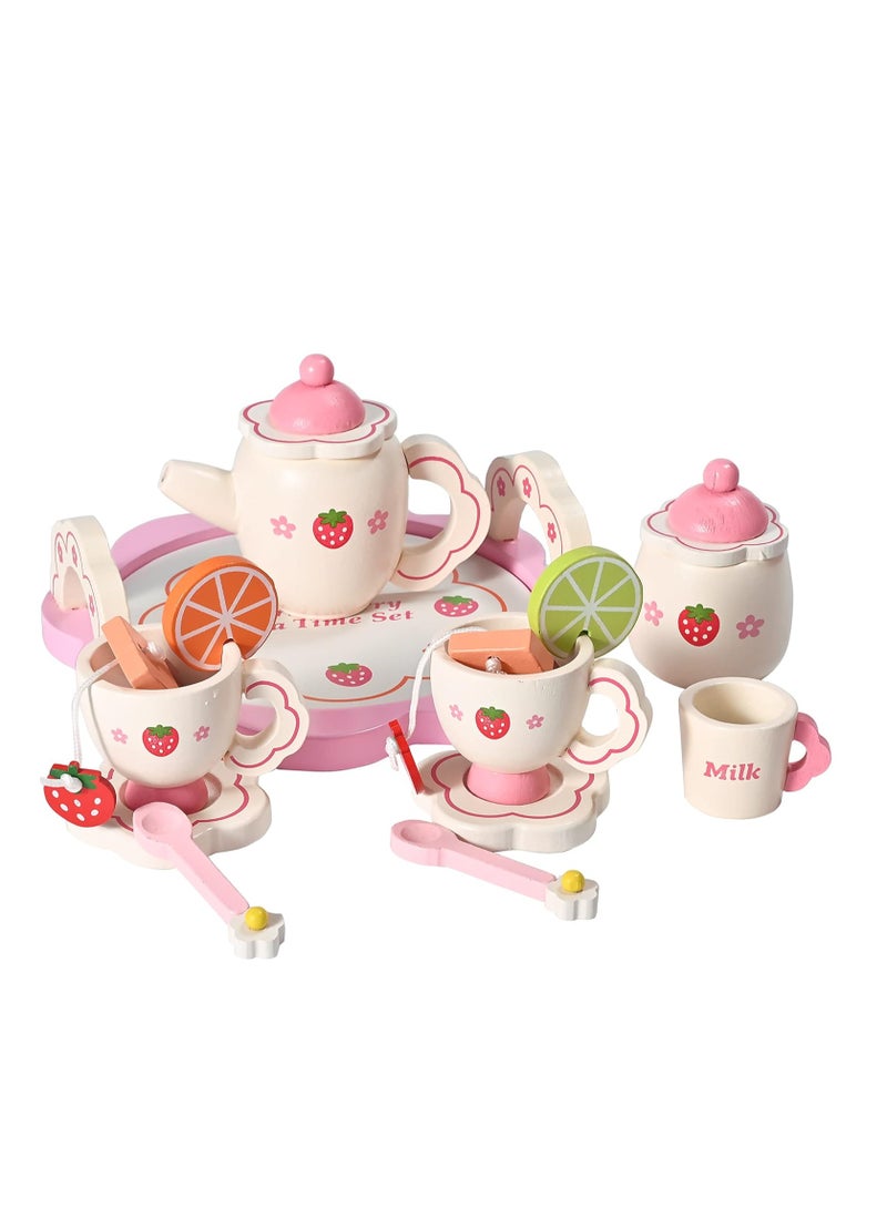 Donmills Wooden Tea Set for toddlers Pretend Play Game Toy for Girls Kids Tea set 14 Pcs Cute Wooden Play Kitchen Accessories for Children Gift for Birthday  Easter Afternoon Tea Party