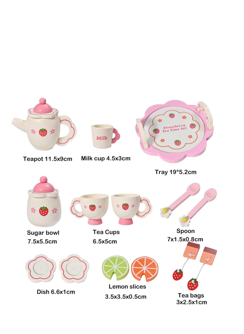 Donmills Wooden Tea Set for toddlers Pretend Play Game Toy for Girls Kids Tea set 14 Pcs Cute Wooden Play Kitchen Accessories for Children Gift for Birthday  Easter Afternoon Tea Party