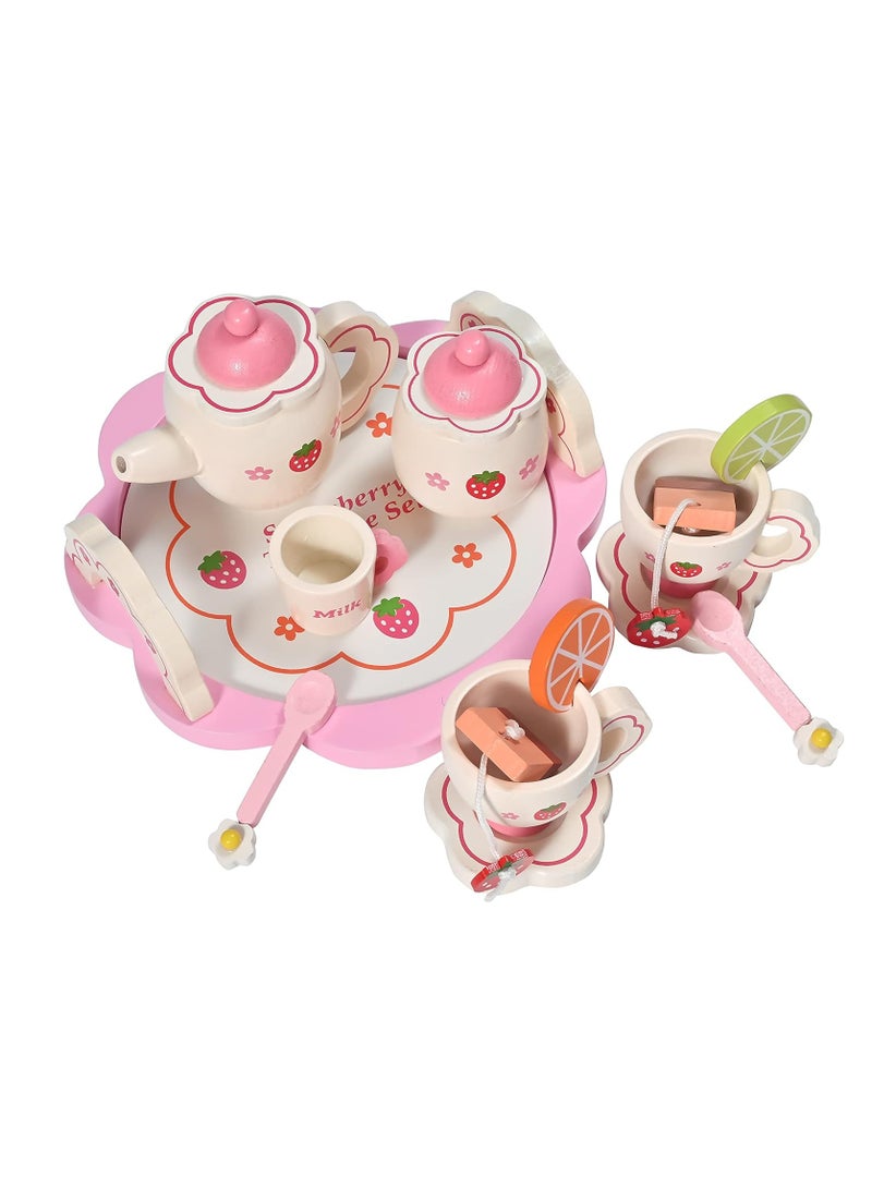 Donmills Wooden Tea Set for toddlers Pretend Play Game Toy for Girls Kids Tea set 14 Pcs Cute Wooden Play Kitchen Accessories for Children Gift for Birthday  Easter Afternoon Tea Party