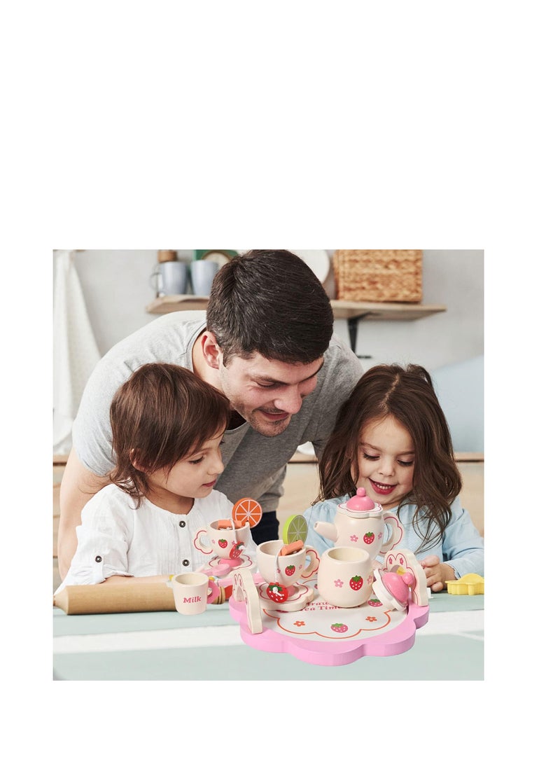 Donmills Wooden Tea Set for toddlers Pretend Play Game Toy for Girls Kids Tea set 14 Pcs Cute Wooden Play Kitchen Accessories for Children Gift for Birthday  Easter Afternoon Tea Party