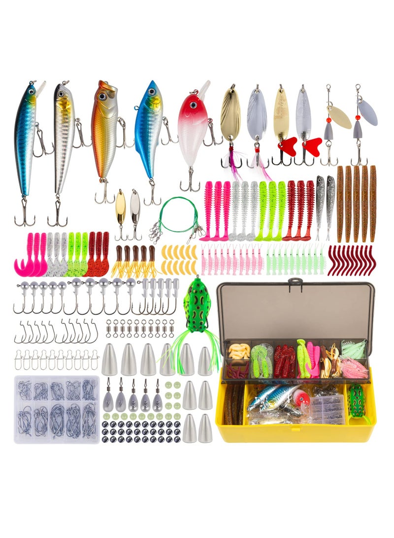 302Pcs Fishing Lures Fishing Gear Tackle Box Fishing Attractants for Bass Trout Salmon Fishing Accessories Including Spoon Lures Soft Plastic Worms Crankbait Jigs Fishing Hooks