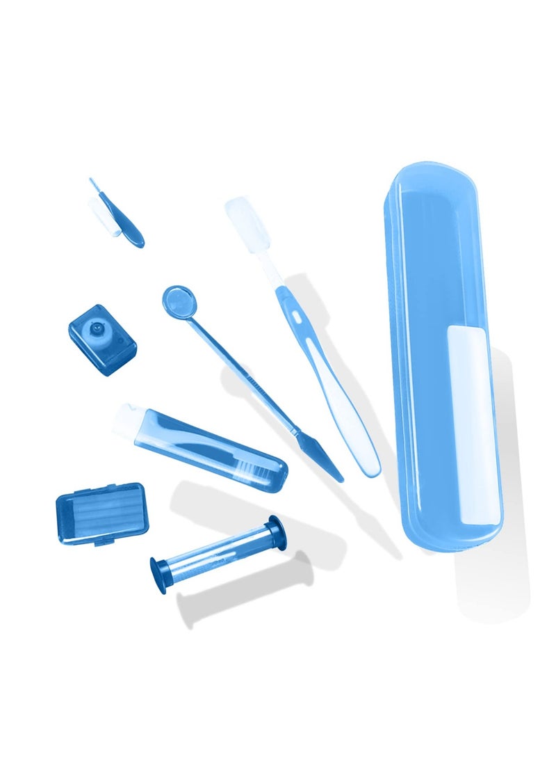 Braces Cleaning Kit for Orthodontic, 8 Pcs Portable Orthodontic Oral Care Kit for Braces, Interdental Brush Dental Wax Dental Floss Toothbrush Box, Oral Care Dental Travel Kit (Blue)