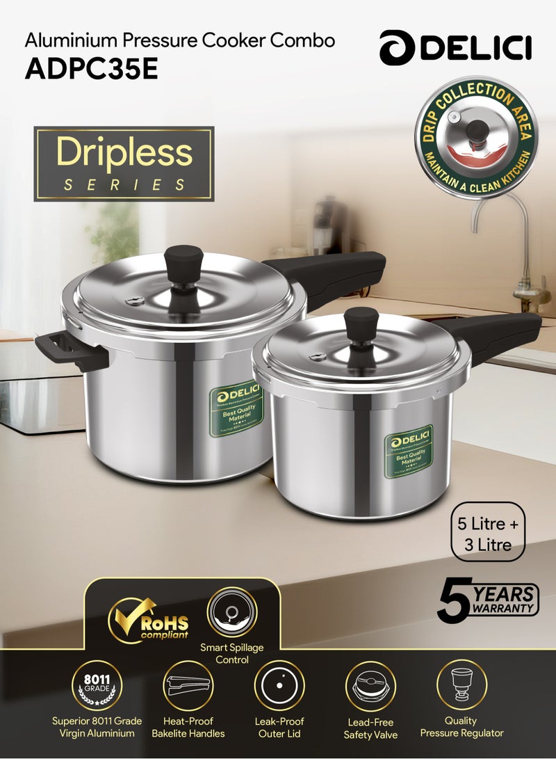 Aluminum Pressure Cooker Combo (5Ltr + 3Ltr), Dripless Design With Superior 8011 Grade Virgin Aluminum, Smart Spillage Control, Heat-Proof Bakelite Handles And Lead-Free Safety Valve, 5 Year warranty