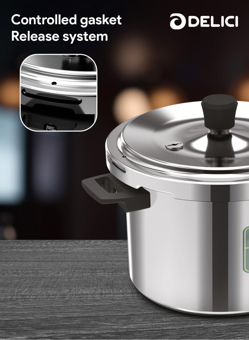 Aluminum Pressure Cooker Combo (5Ltr + 3Ltr), Dripless Design With Superior 8011 Grade Virgin Aluminum, Smart Spillage Control, Heat-Proof Bakelite Handles And Lead-Free Safety Valve, 5 Year warranty