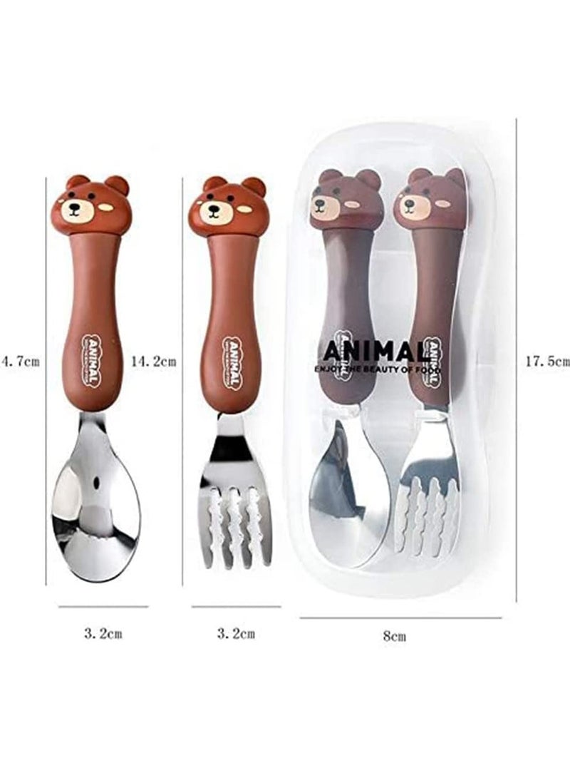 3PCS Kids Cutlery Sets Children Portable Tableware Spoon Fork with Plastic Case 304 Stainless Steel BPA Free Dishwasher Safe Chicken Bear Bunny