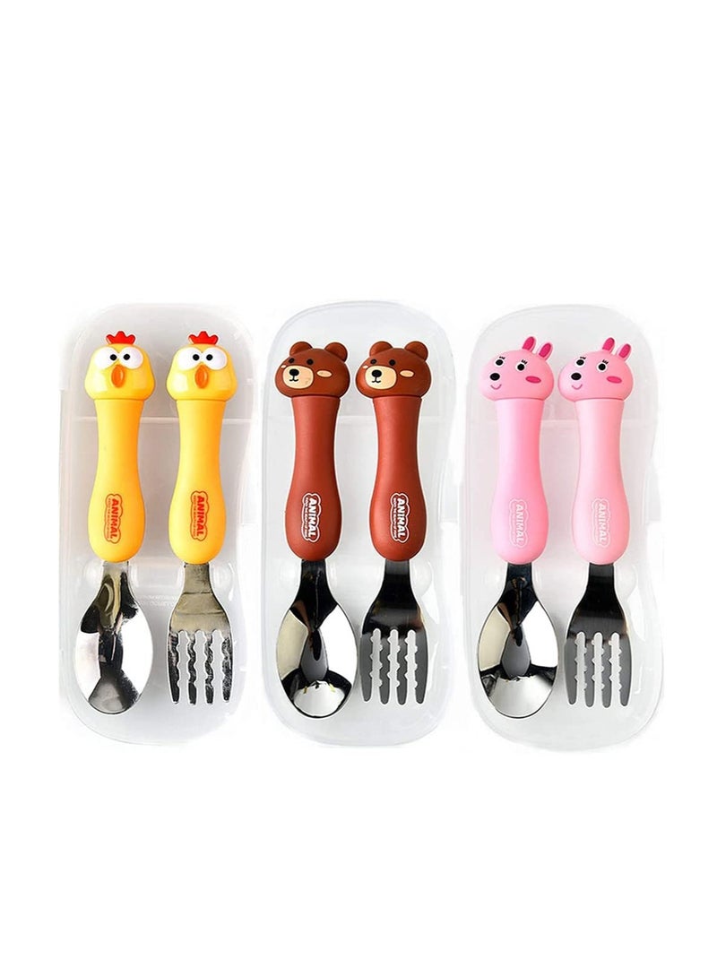 3PCS Kids Cutlery Sets Children Portable Tableware Spoon Fork with Plastic Case 304 Stainless Steel BPA Free Dishwasher Safe Chicken Bear Bunny