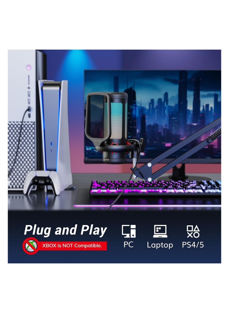 Micro PC Gaming RGB, USB Microphone Condenser Professional Mic With Arm Support For Streaming, Recording, YouTube Discord Gaming, Voice-Over For Computer Laptop Mac TC310+