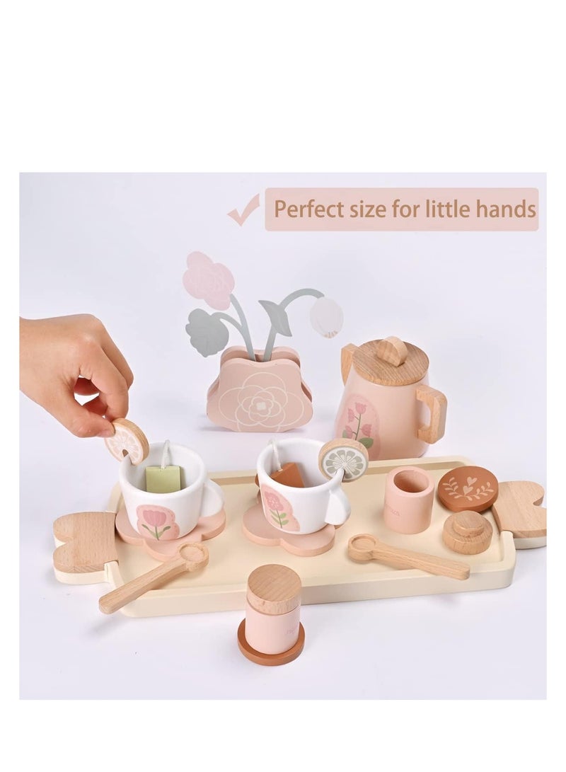Wooden Kids Tea Set Toy Wooden Toys Pretend Play Food Kitchen Accessories Afternoon Tea Set for Toddler Children Tea Party Set with Dessert Tray Teapot Gifts for Girls Boy aged 3+