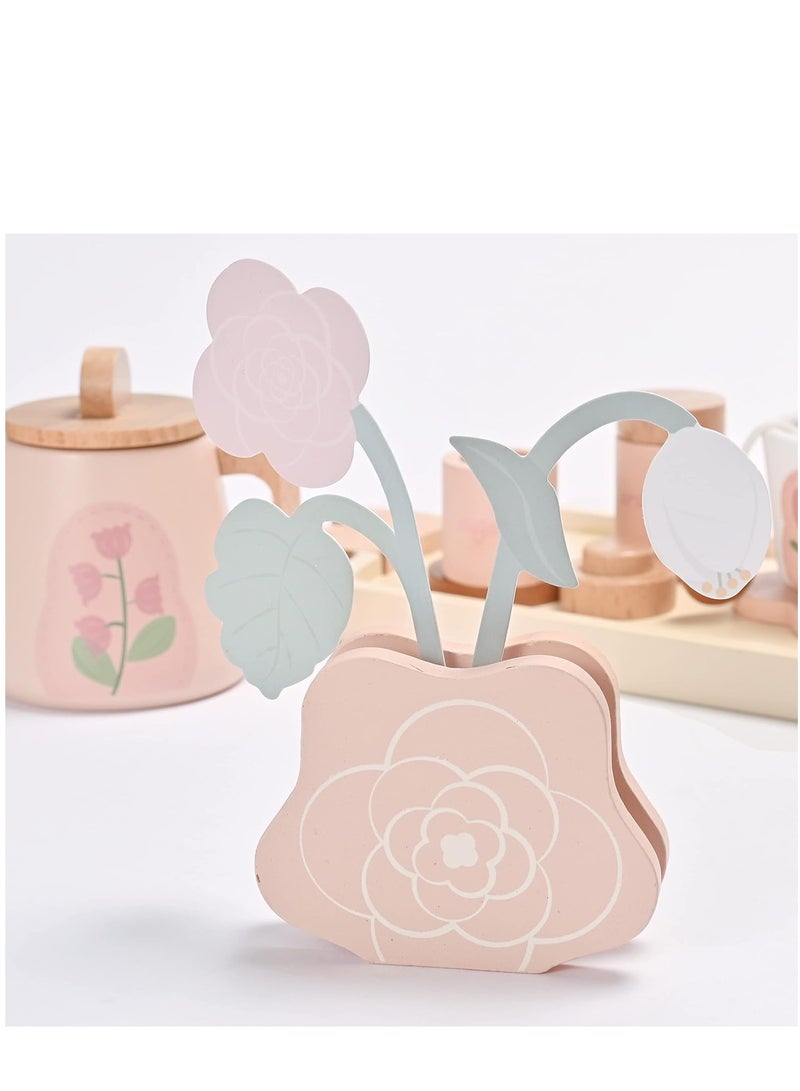 Wooden Kids Tea Set Toy Wooden Toys Pretend Play Food Kitchen Accessories Afternoon Tea Set for Toddler Children Tea Party Set with Dessert Tray Teapot Gifts for Girls Boy aged 3+