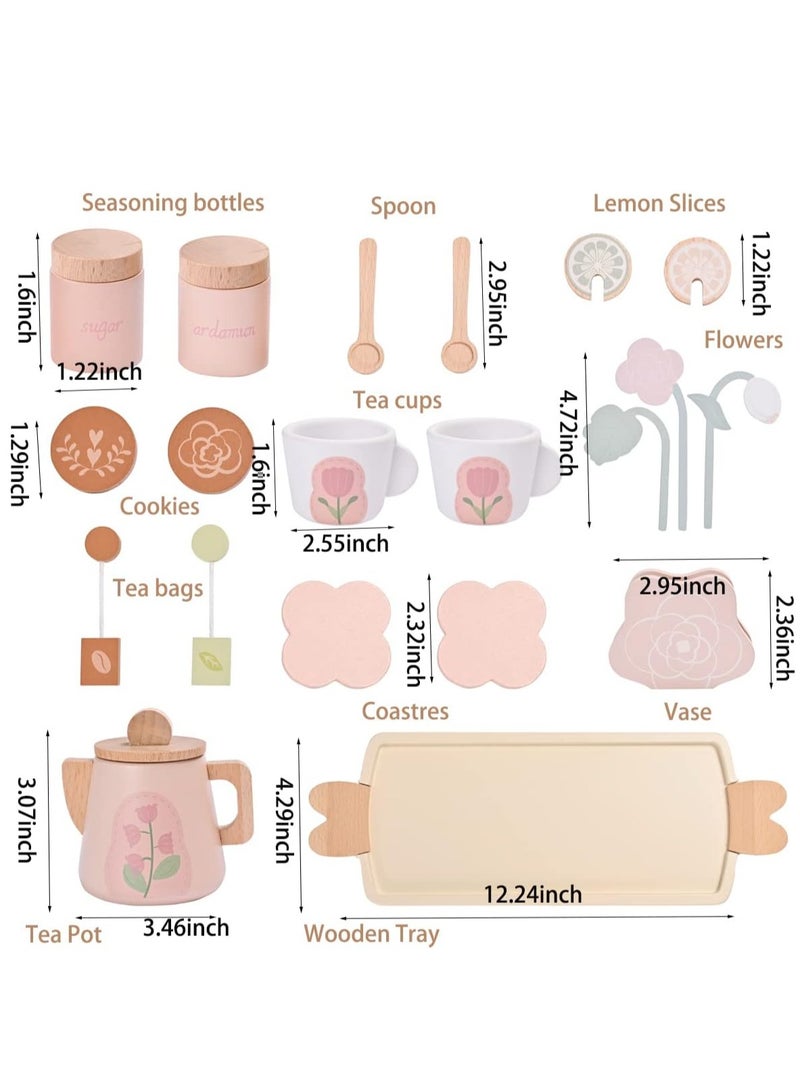 Wooden Kids Tea Set Toy Wooden Toys Pretend Play Food Kitchen Accessories Afternoon Tea Set for Toddler Children Tea Party Set with Dessert Tray Teapot Gifts for Girls Boy aged 3+