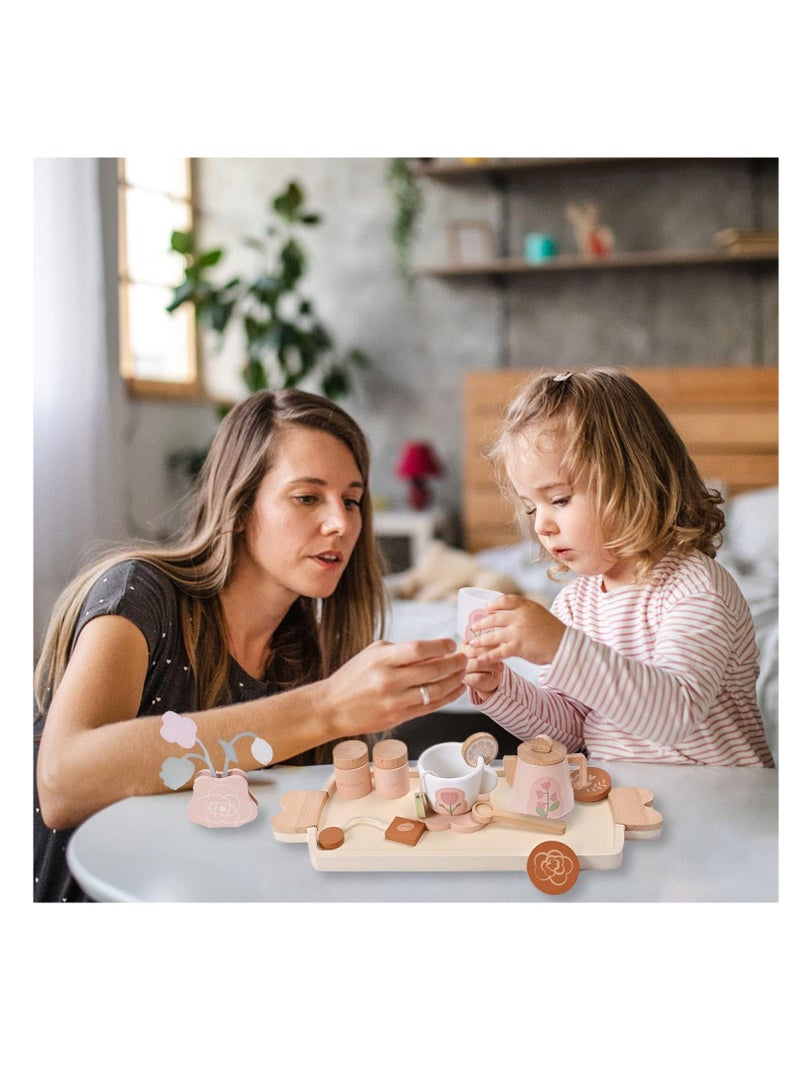 Wooden Kids Tea Set Toy Wooden Toys Pretend Play Food Kitchen Accessories Afternoon Tea Set for Toddler Children Tea Party Set with Dessert Tray Teapot Gifts for Girls Boy aged 3+