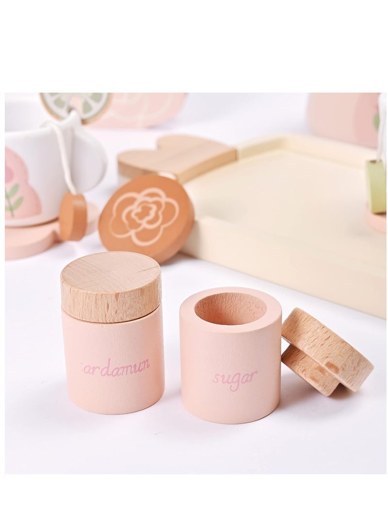 Wooden Kids Tea Set Toy Wooden Toys Pretend Play Food Kitchen Accessories Afternoon Tea Set for Toddler Children Tea Party Set with Dessert Tray Teapot Gifts for Girls Boy aged 3+