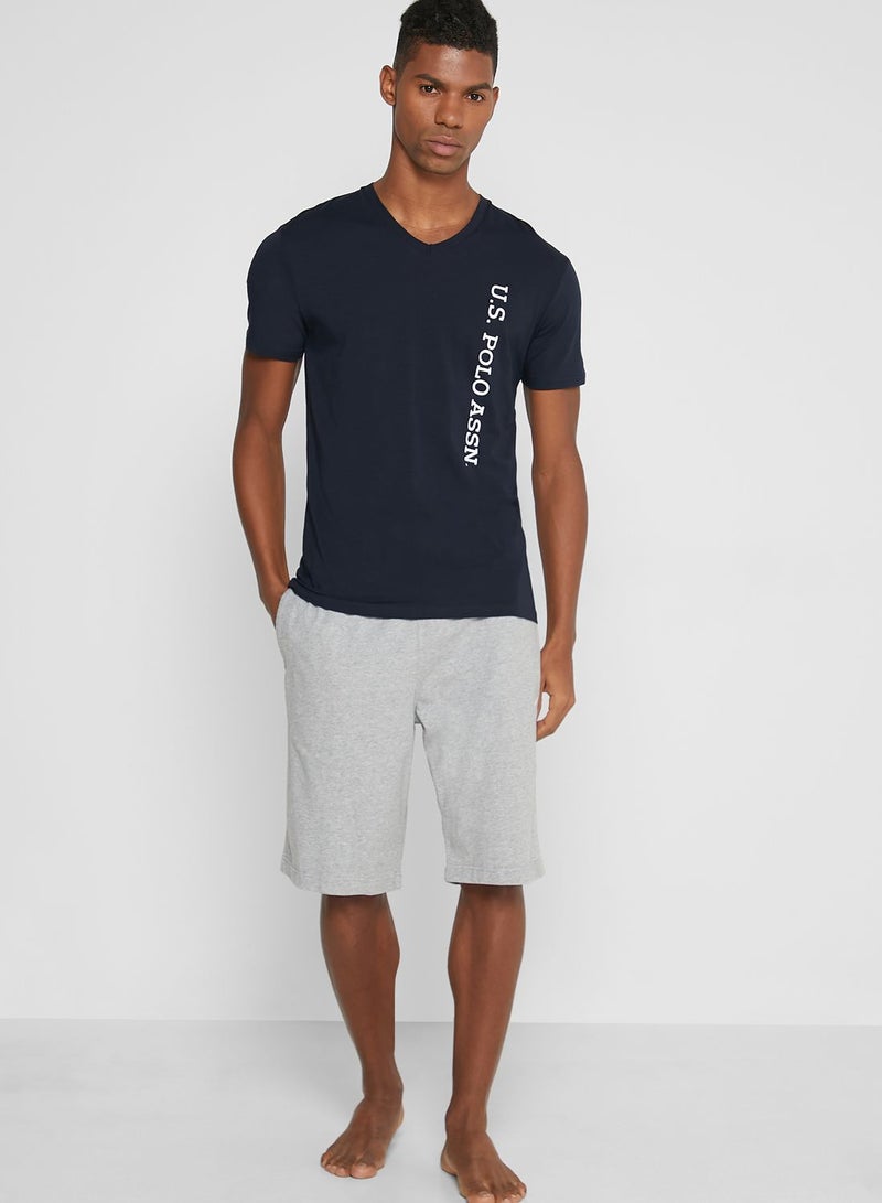 Logo V Neck T-Shirt Navy