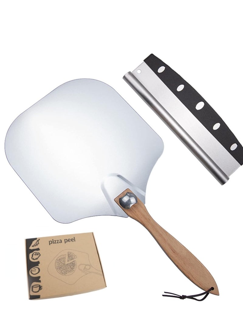Pizza Peel 12 Inch with Cutter - Aluminium Metal Paddle, Wooden Handle Spatula for Oven, Pastry, Baking Homemade Pizza, Paddle Pan Bread Pies & Cookies Cake