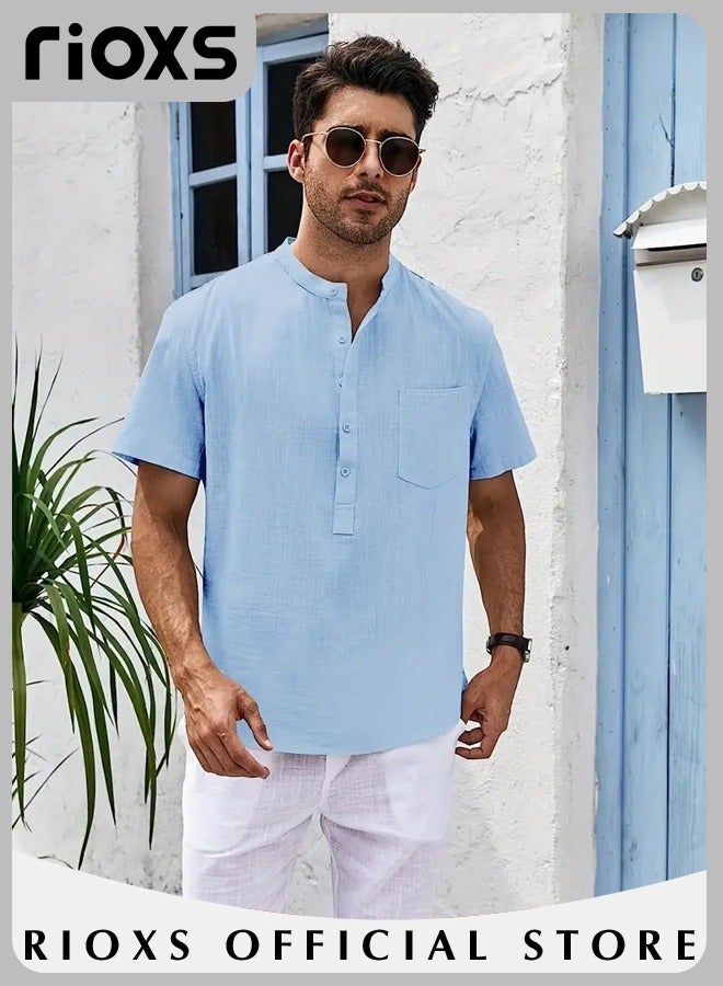 Men's Short Sleeve Shirts, Casual Loose Fit Button-Up V-Neck Henley Shirts, Solid Color SummerBeach Shirts, Casual, Comfy Breathabel Mens Dress Shirts Wrinkle Free Summer Tops for Hawaiian Office Or Daily Wear, Blue