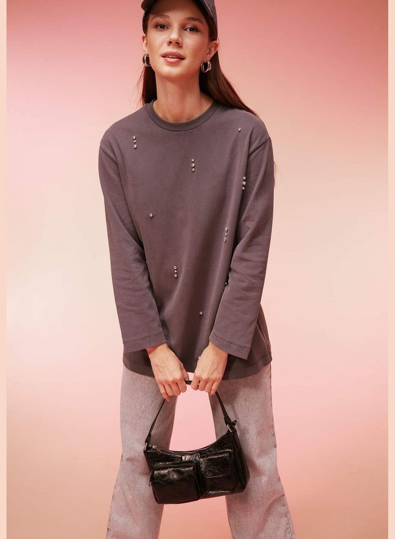 Regular Fit Crew Neck Embroidered Long Sleeve Tunic