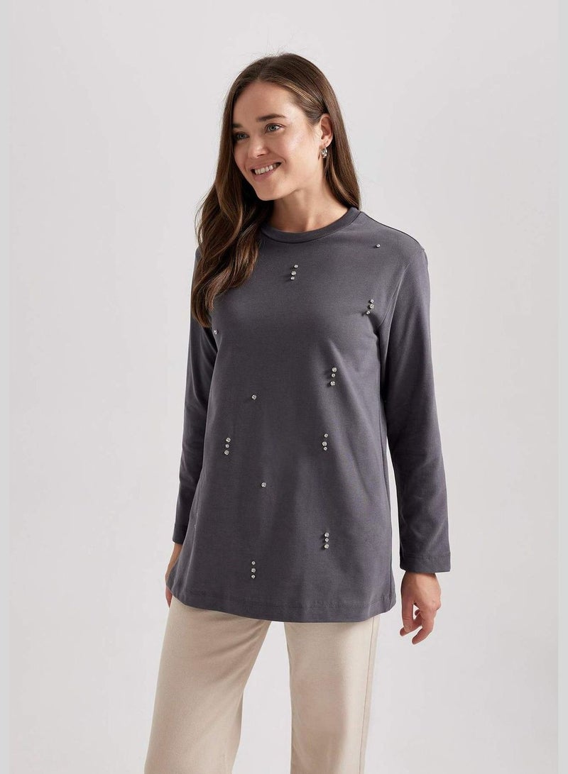 Regular Fit Crew Neck Embroidered Long Sleeve Tunic