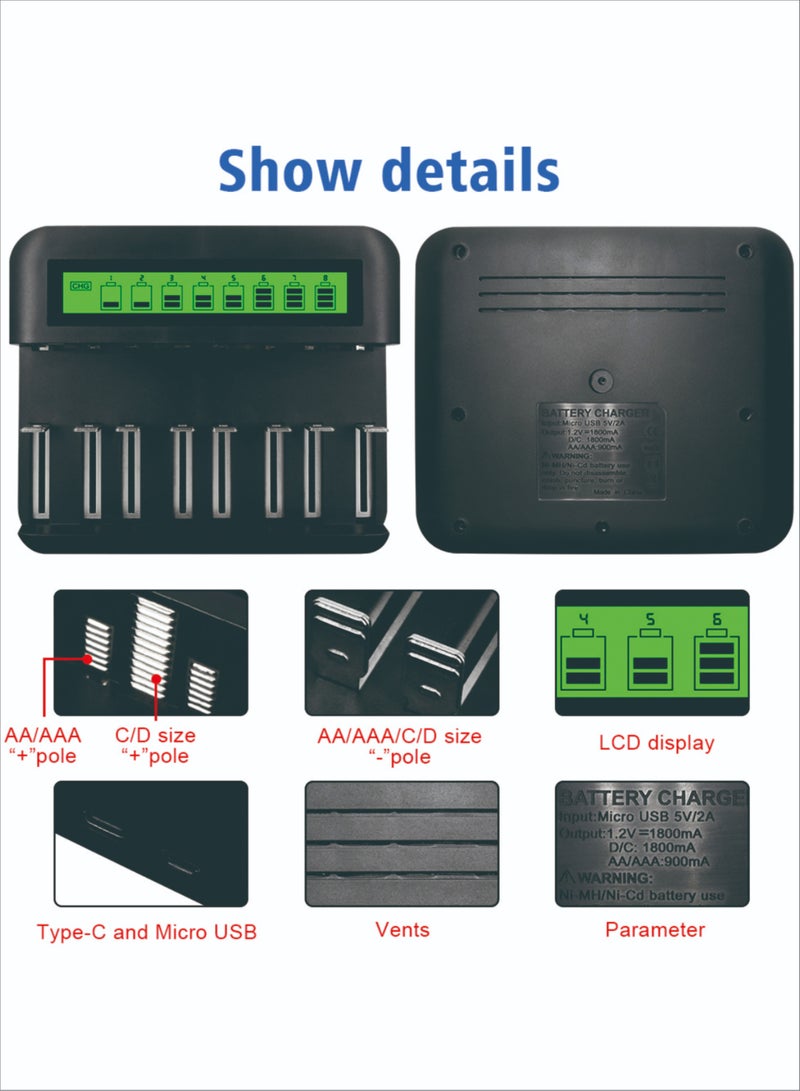 NC559 USB  8 Slot Multifunctional Smart Battery Charger for AA/AAA  D/C Type 5/7 Rechargeable Batteries