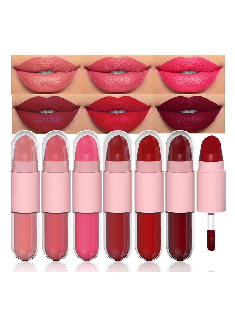 2 In 1 Matte Lipstick & Liquid Lipstick 6Pcs Set for Women, Dark Ruby Red Nude Beige Hot Pink Mauve Matte Vegan Long Wear Pink Lipstick Waterproof Long Lasting