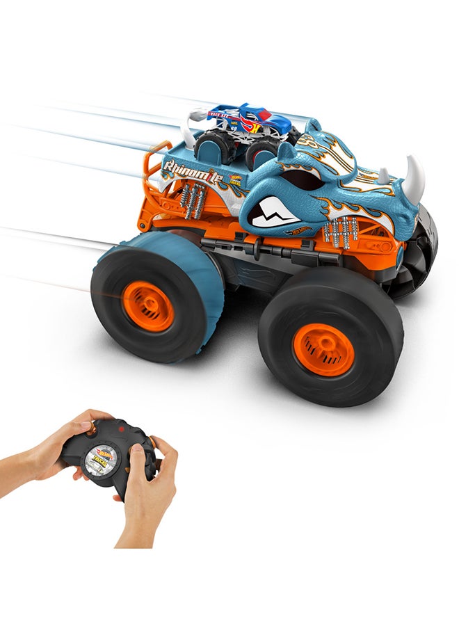 Monster Trucks Hw Transforming Rhinomite RC   In 1:12 Scale With 1:64 Scale Race Ace Toy Truck, Converts Into Launcher, Connects To Orange Track