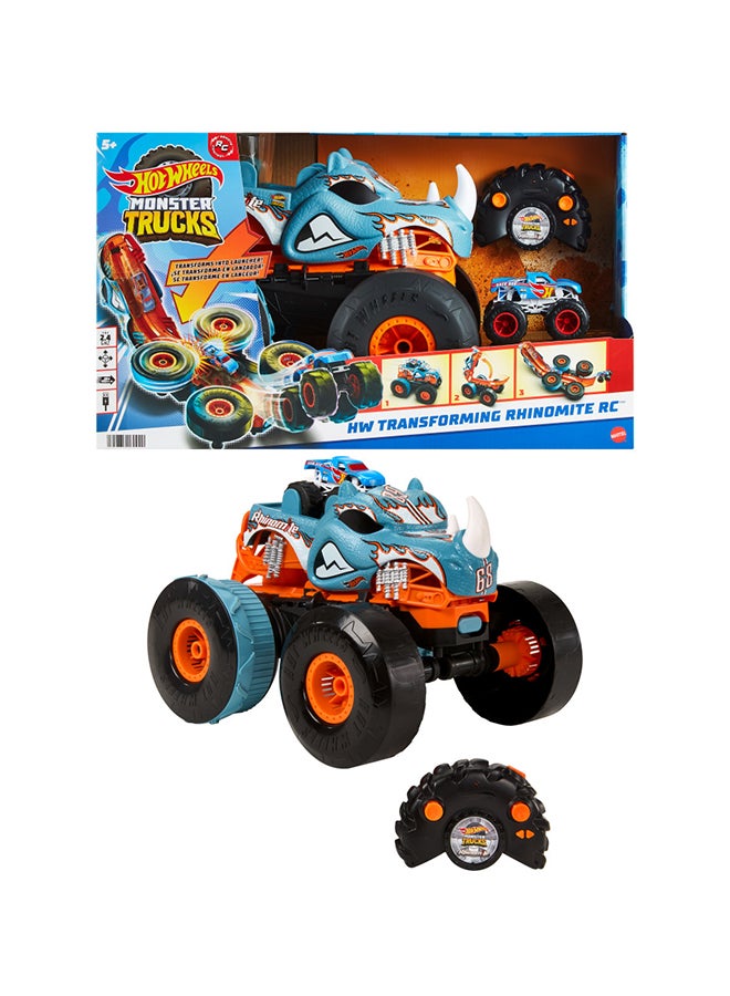 Monster Trucks Hw Transforming Rhinomite RC   In 1:12 Scale With 1:64 Scale Race Ace Toy Truck, Converts Into Launcher, Connects To Orange Track