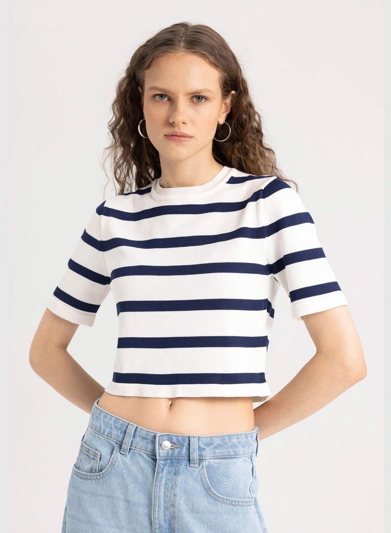 Fitted Crew Neck Striped Short Sleeve Pullover