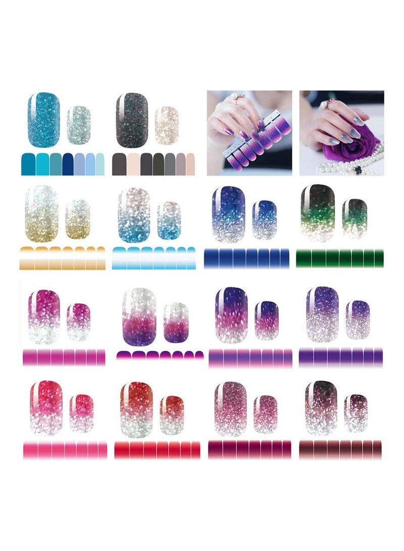 Nail Stickers Glitter Gradient Color, Full Wraps Self-Adhesive Solid Colors Nail Polish Stickers with Nail File, for Women Girls DIY Nail Craft (14 Sheets)