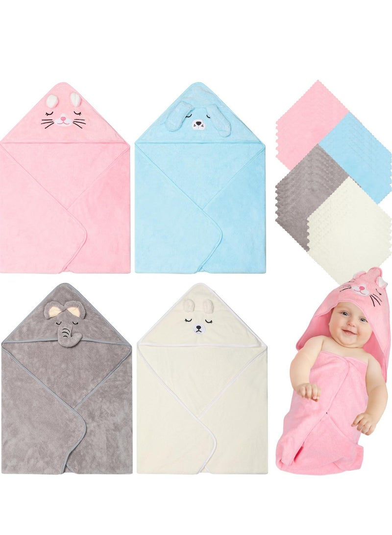 Baby Bath Towel,4 Pcs 31.5 x 31.5 Inch and Baby Washcloths Soft Microfiber Coral Fleece Absorbent Hooded Towel for Newborn Baby Infant Toddler Shower Gift Supplies