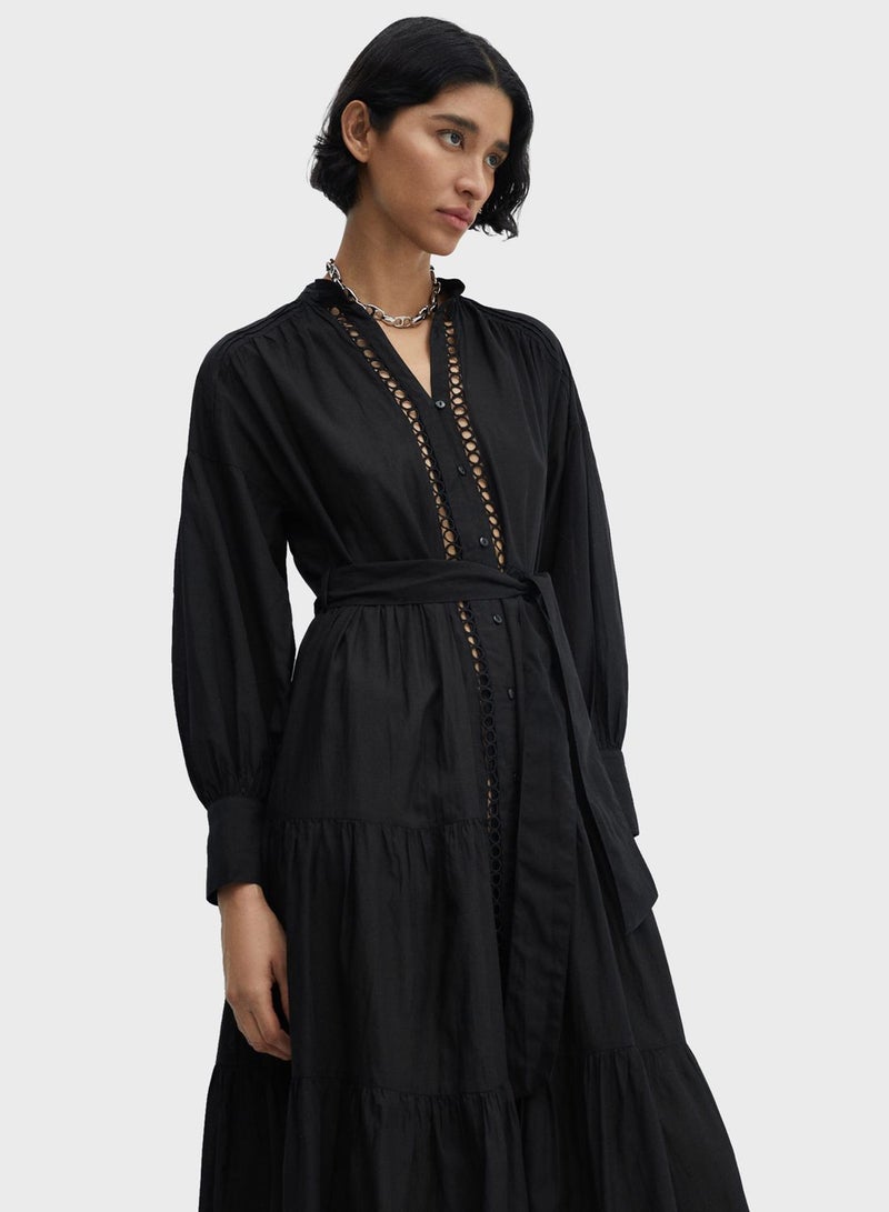 Puff Sleeve Tie Detailed Dress