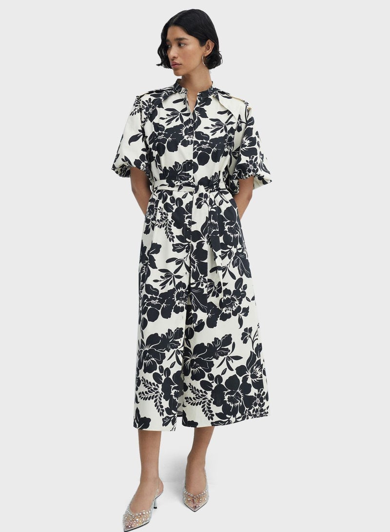 Floral Print Balloon Sleeve Tie Detailed Dress